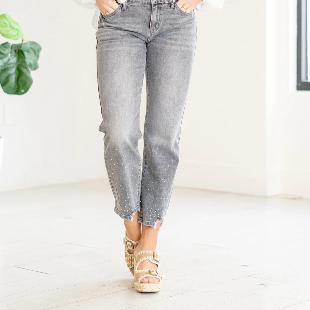 KanCan Light Gray Midrise Ankle Jeans with Studded Details